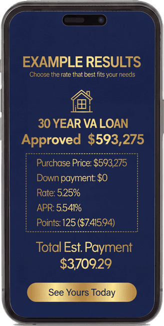 Phone showing VA loan prequalification results - 30 Year VA Loan Approved for $593,275