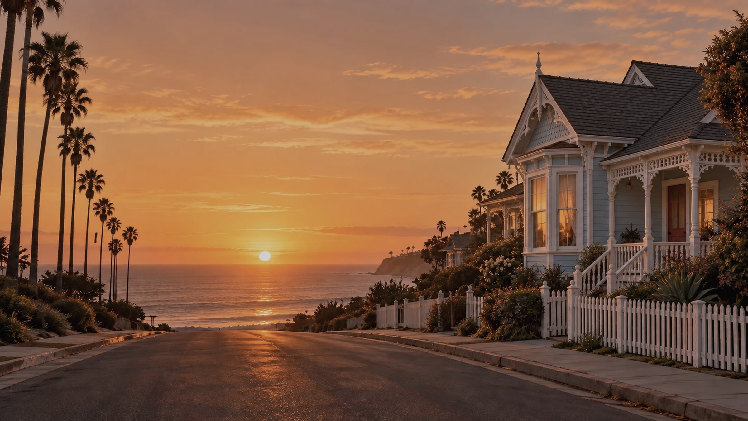 A Victorian beach cottage with a white picket fence on a palm-lined road, the sun setting over the Pacific